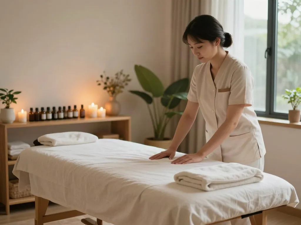 Expert therapist setting up for 군포출장마사지 session in calming studio.