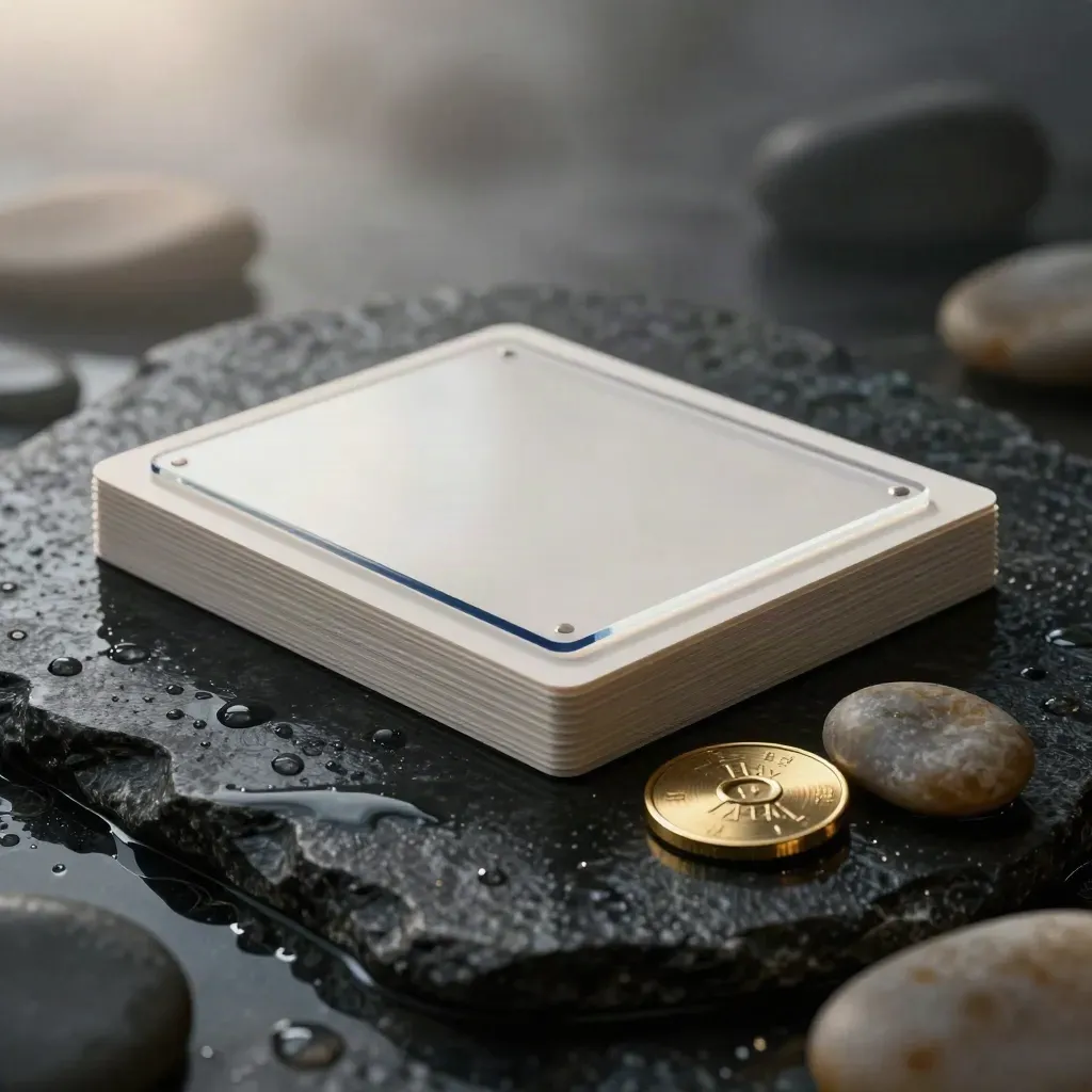 Home value check kit on wet black stone with ivory cards, brass token and pebble.