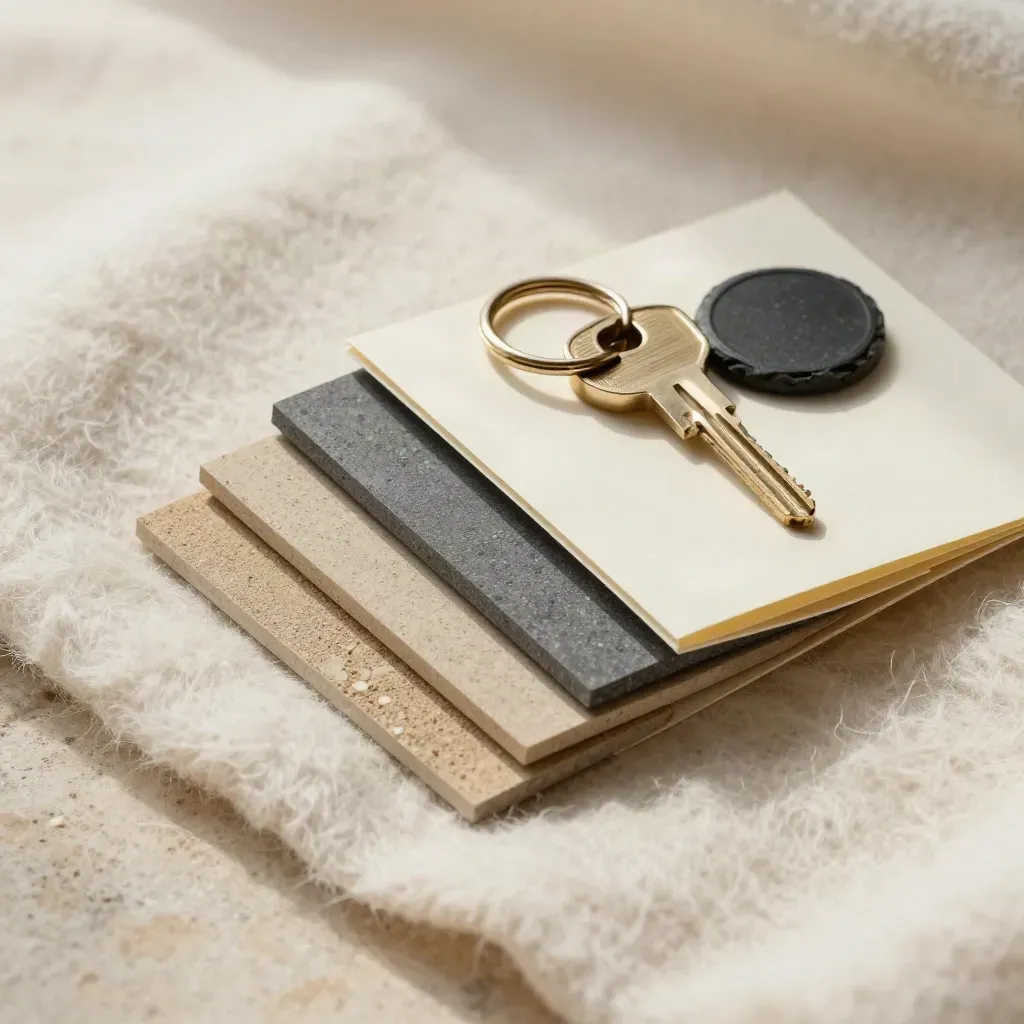 Overhead flatlay of condo search support materials nestled in cream wool with brass and slate accents.