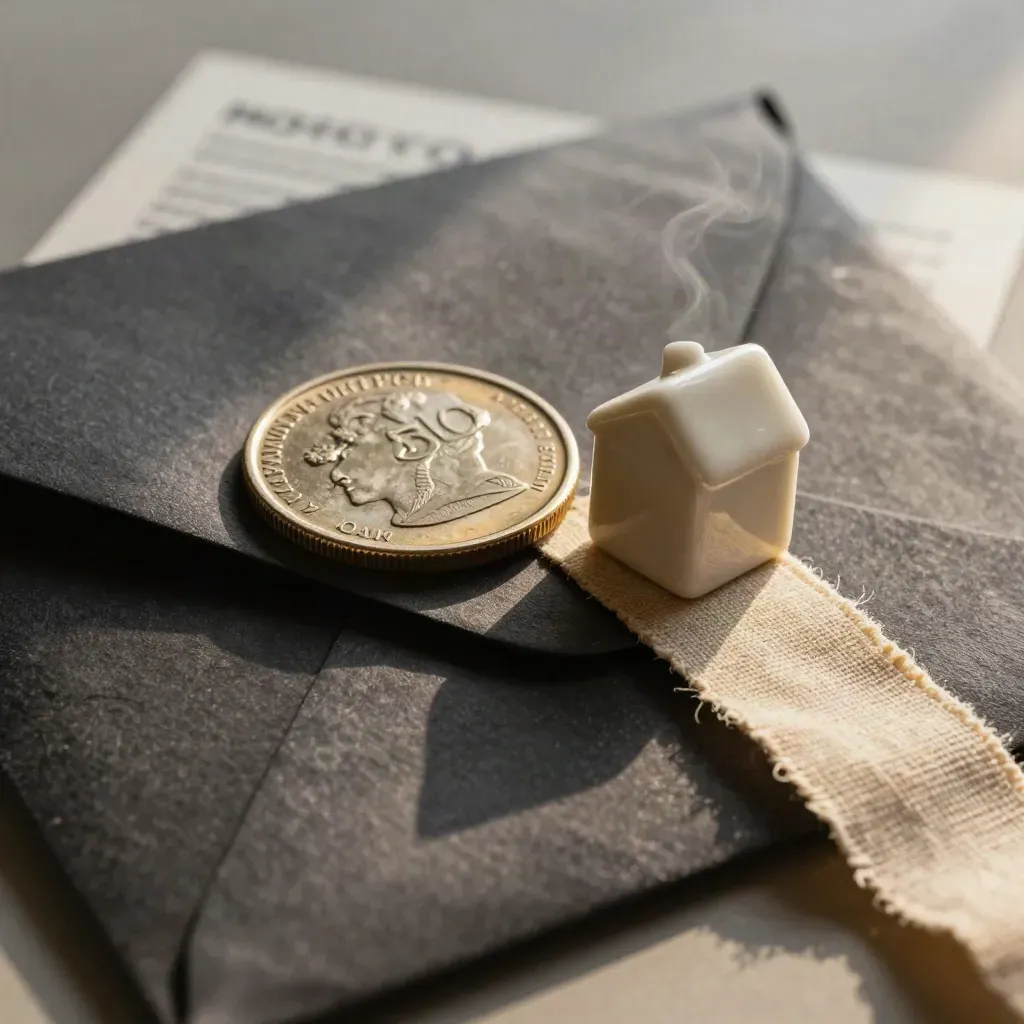 Extreme macro of a rebate kit with envelope, ceramic house weight, disc and linen on charcoal cloth.