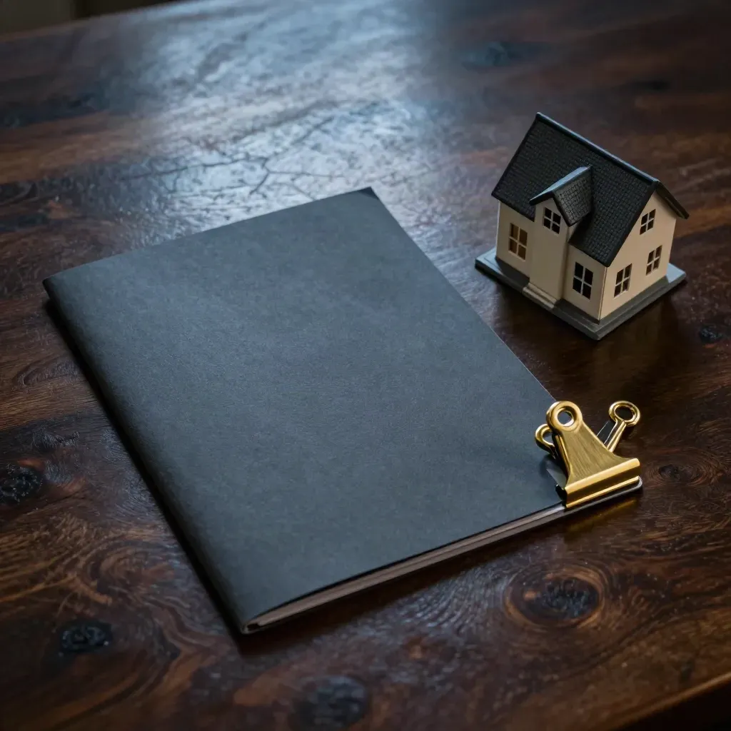 Top-down real-estate listing kit with folder, house model and brass clip on dark oak