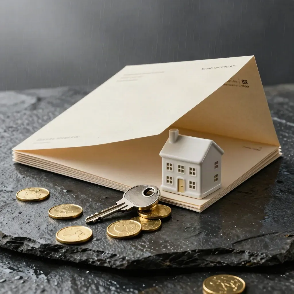 Rain-dark stone with folders, ceramic townhouse, key, and gold tokens in a rebate campaign still life.