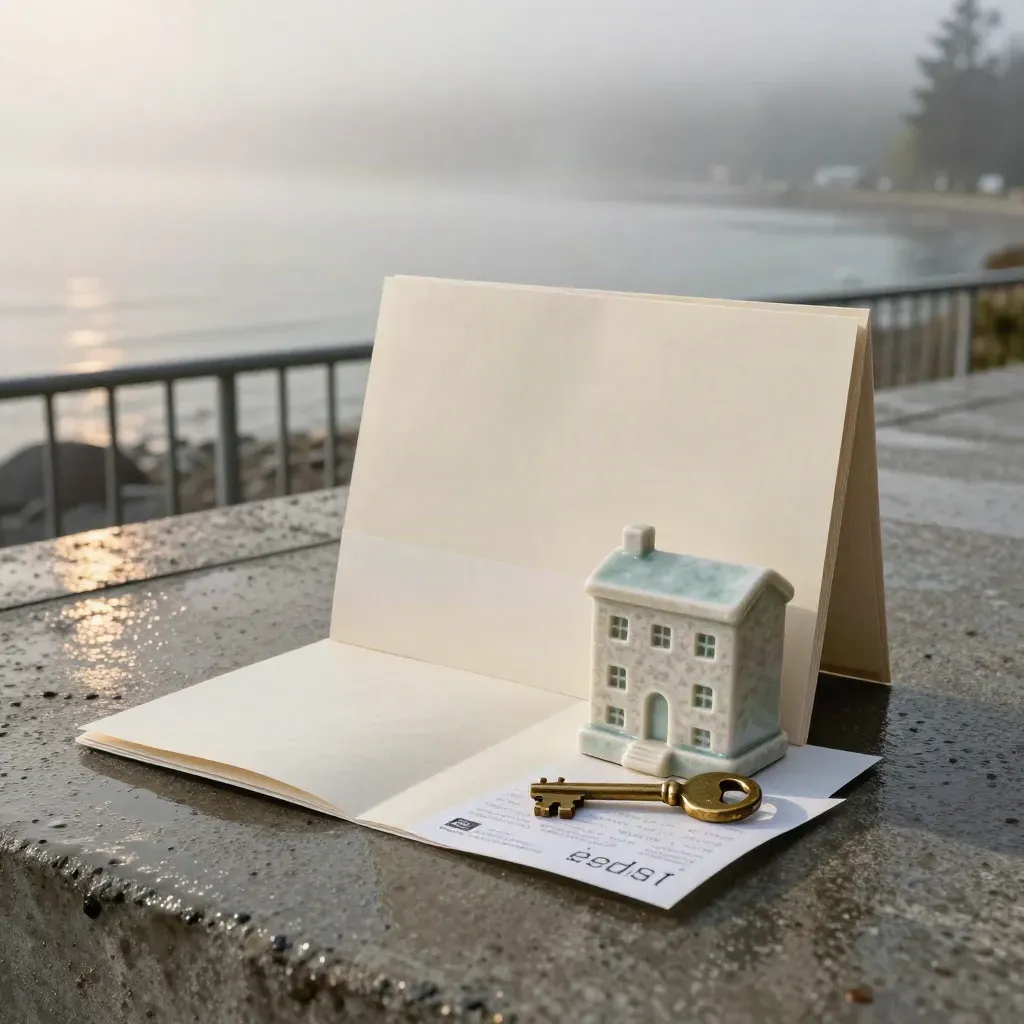 Wet Vancouver buyer rebate kit with ceramic townhouse and brass key on foggy concrete.
