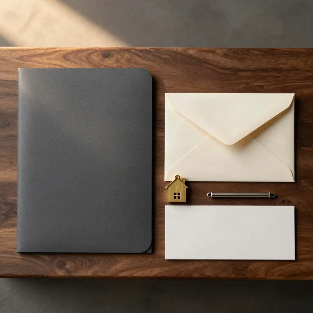 Overhead seller pack flatlay with folder, envelope, house token and metal fastener on walnut.