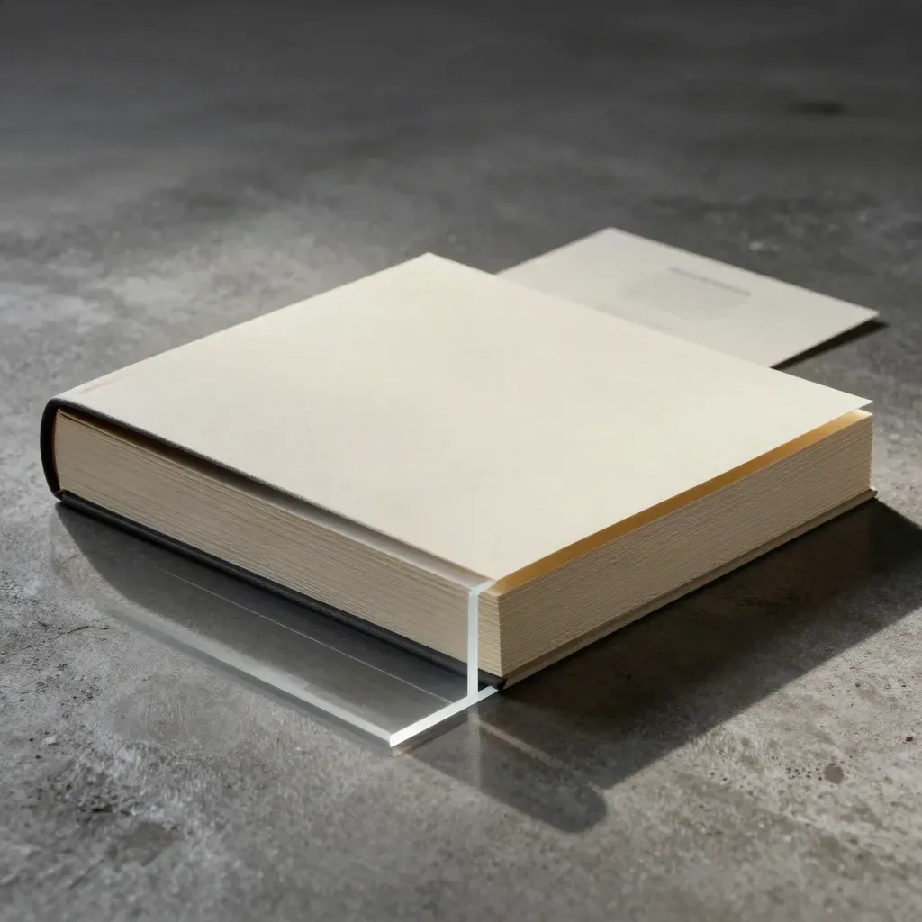 Cream folios, graphite divider and frosted acrylic block sliding on concrete in a dim winter studio.