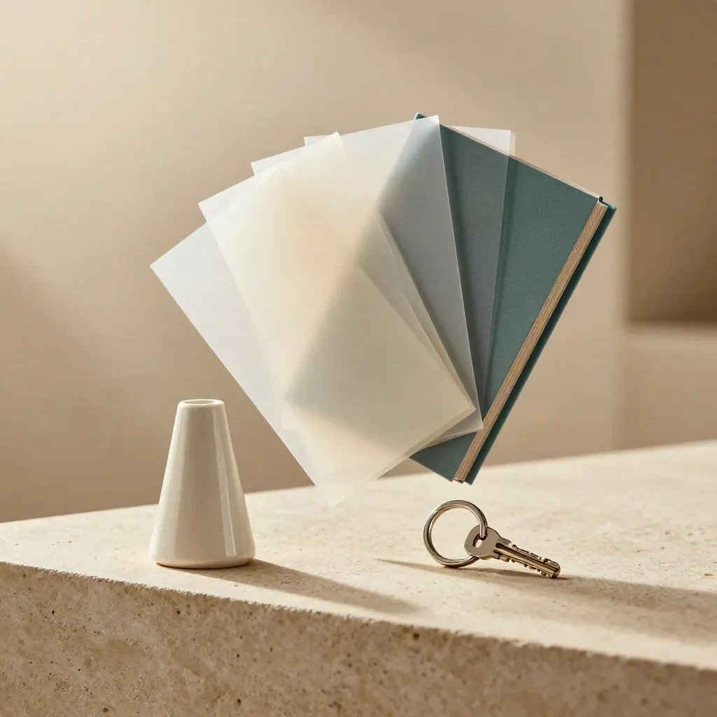 Floating condo finder kit with ceramic tower token, key ring, and layered sleeves on pale stone