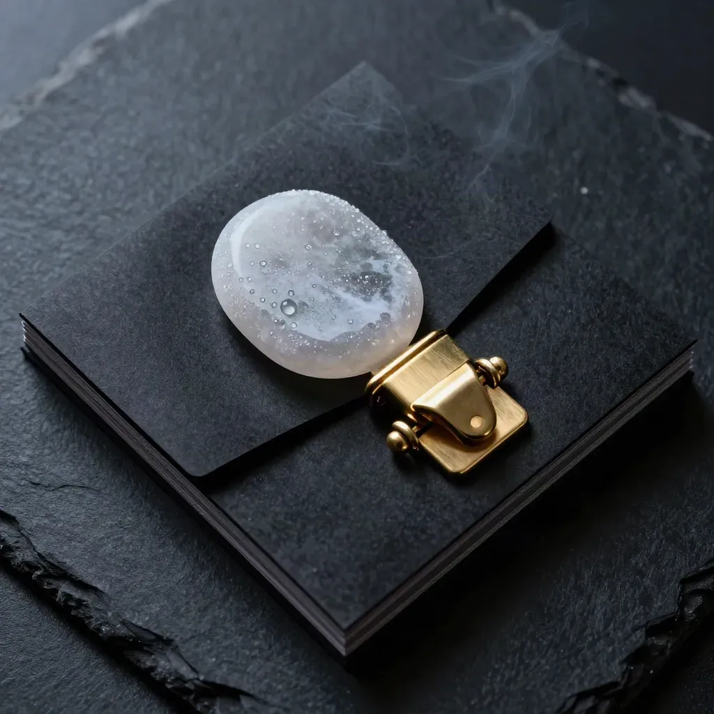 Top-down home review bundle with brass clasp, frosted slate and ice-white stone.