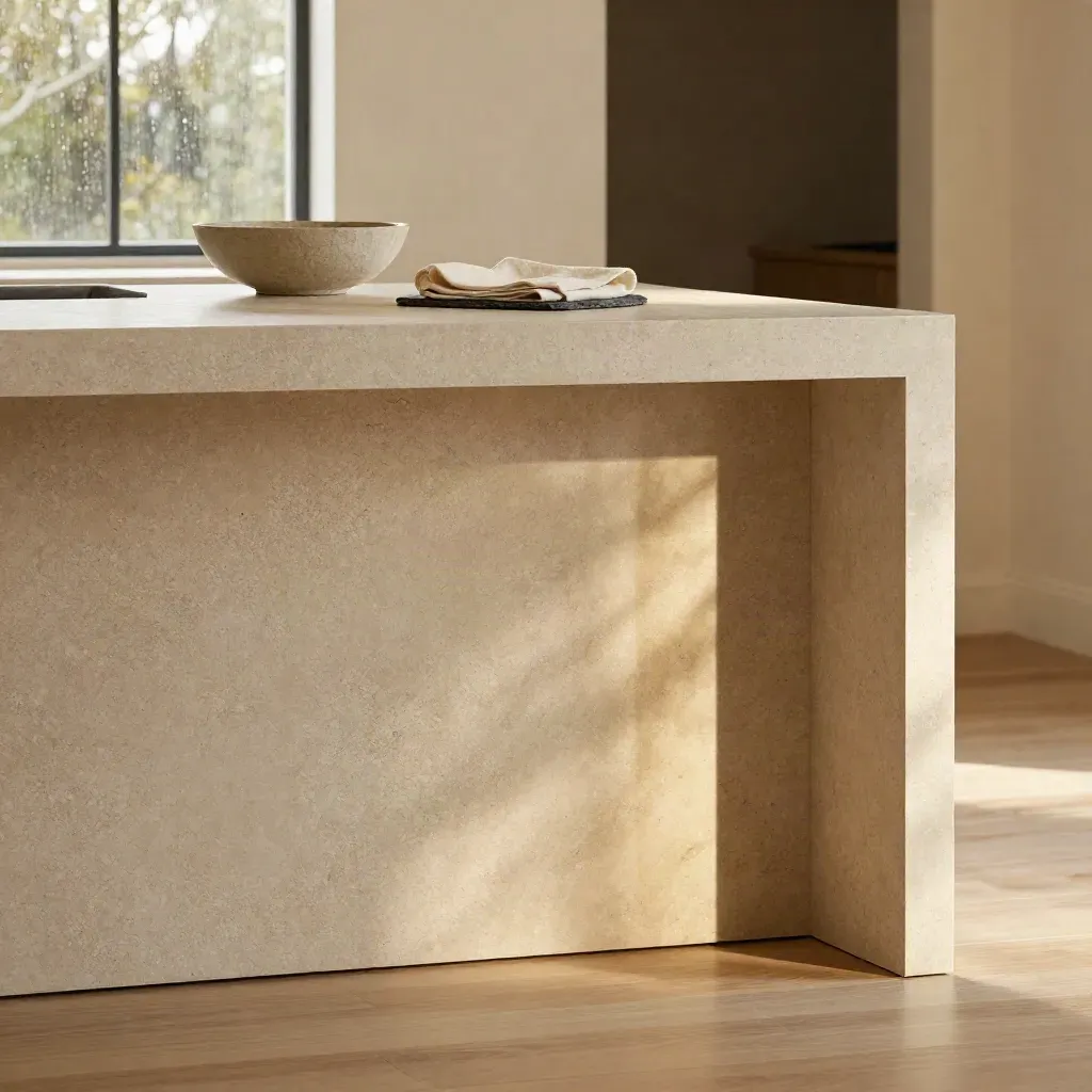 Travertine island and pale oak floor in a warm modern interior with soft window glow.